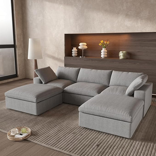 WJShome 118.02" Cloud Couch,Modular Sectional Sofa with 2 Storage Ottomans, U Shaped Down Filled Convertible Couch for Living Room Sets,Sofa Cover Washable & Replaceable(White)
