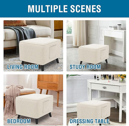 H.VERSAILTEX Durable Ottoman Cover Linen Look Storage Ottoman Slipcover Thick Footrest Stool Covers with Storage Side Pocket for Square Ottoman Fit Length 24"-25" Footrest - Heather Ivory
