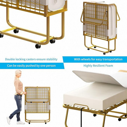 Mjkone Folding Bed with 5" Memory Foam Mattress & Upgraded 75x31 Frame Single Portable Guest Bed, Space-Saving Design, Lockable Wheels for Easy Moving, Quick Assembly & Compact Storage