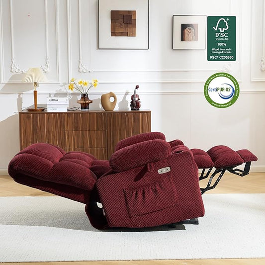 MCombo Dual Motor Large Power Lift Recliner Chair for Elderly, Lay Flat Lift Chair with Heat and Massage, Big Lift Recliner for Tall People, Cup Holders, Fabric 7896 (Large, Burgundy)