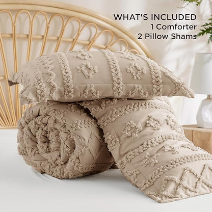 Bedsure Tufted Boho Comforter Set Oversized King - Khaki Boho Bed Set, GentleSoft™ 3 Pieces Farmhouse Shabby Chic Embroidery Bedding, Gifts for Woman, Soft Jacquard Comforter for All Seasons