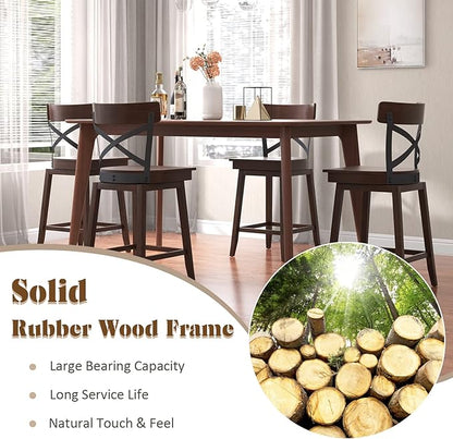 COSTWAY Swivel Bar Stool Set of 2, 24 Inch Ergonomic Counter Height Chairs with Open X Back & Footrest, 2PCS Vintage Wooden Barstools for Kitchen Island, Pub, Bistro, Café, Brown (2, 24 inch)