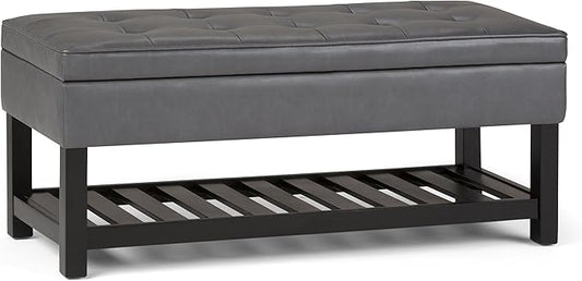 SIMPLIHOME Cosmopolitan 44 inch Wide Transitional Rectangle Storage Ottoman Bench with Open Bottom in Stone Grey Vegan Faux Leather, Assembled for the Living Room and Bedroom