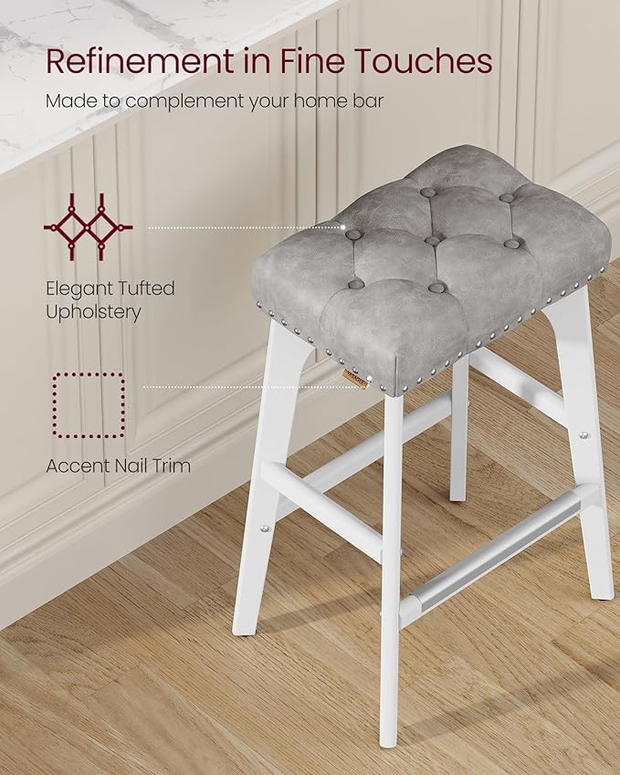 VASAGLE Bar Stools Set of 4, Saddle Counter Height Bar Stools, 26-Inch Backless Kitchen Stools with Wood Legs, PU Leather Thickened Upholstered Barstools for Kitchen Island Dining Room, Dove Gray