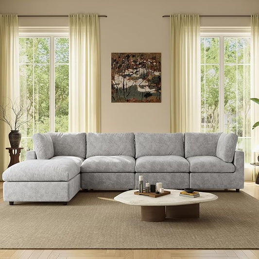 WJShome L Shaped Sectional Couch 134 Inch 4-Seater Modern Modular Sofa with Ottoman,Chenille Deep Seat Couches for Living Room, Bedroom and Apartment，Gray