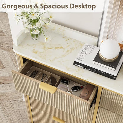 Fluted Shoe Storage Cabinet with 4 Flip Drawers & 2 Drawers, Freestanding Hidden Shoe Organizer with Adjustable Shelves, Wood Narrow Shoe Rack Cabinet for Entryway, Foyer, Hallway, Natural Oak