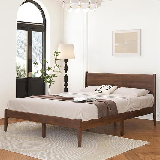 Full Size Bed with Headboard, Mid Century Malaysian Oak Bed, Wooden Platform Bed Frame with Storage, No Box Spring Needed, Easy Assembly, Full Size, Antique Espresso
