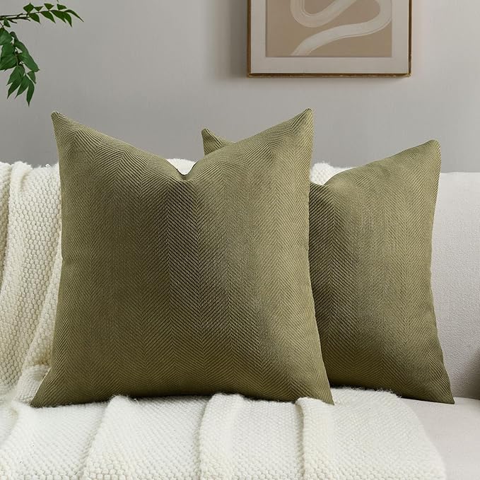 FUTEI Olive Green Chenille Throw Pillow Covers 20x20 Inch Set of 2,Soft Wide Chevron Textured Cushion Case,Farmhouse Home Decor for Couch Bed Living Room