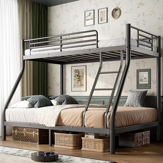 Bunk Beds Twin Over Full Size, Heavy Duty Bunk Beds with Bottom Space & Guardrail Metal Bunk Bed Frame for Adults Dorm Bedroom Guest Room, No Box Spring Needed（Upgrate Black）