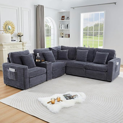 Modern Corner Sofa Seat with 2 Pillows for Modular Sectional Couch for Living Room-Blue Grey