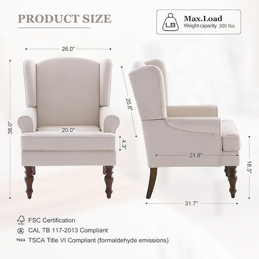 HUIMO Living Room Chair Upholstered High Back Armchair Retro Printed Wingback Chair in Linen for Bedroom & Study Comfy Accent Sofa Chair Reading Chair Holds 300lbs (Navy Blue) (1, Tan with Lines)