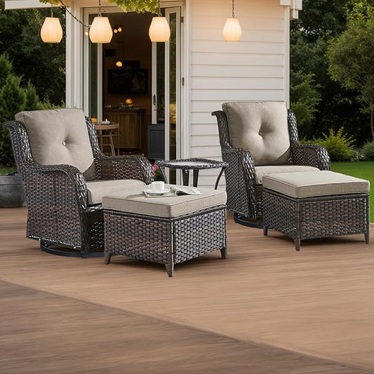 HUMMUH 5 Piece Outdoor Patio Furniture Set Wicker Conversation Bistro Set Swivel Rocking Chairs with Side Table and Ottomans for Backyard, Porch, Balcony