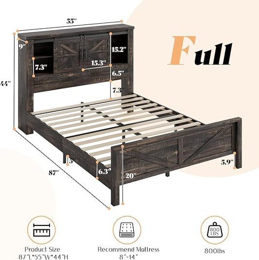 AMERLIFE Farmhouse Full Bed Frame with Storage Headboard & Charging Station, Rustic Wood Platform Bed with Barn Door Bookcase, No Box Spring Needed, Dark Oak Bedroom Furniture