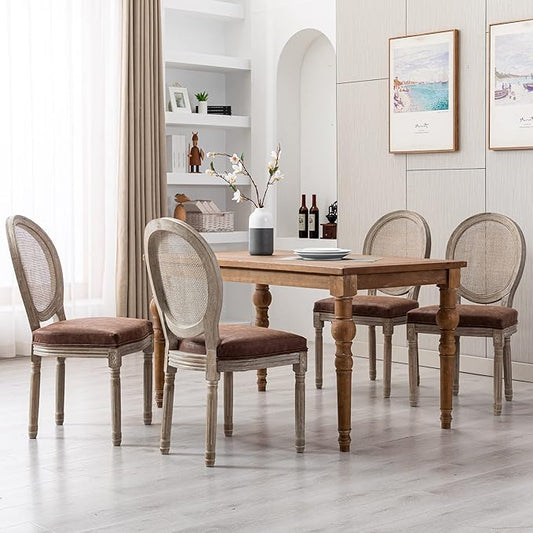 Farmhouse Leather Dining Room Chairs Set of 4 French Dining Chairs with Round Rattan Back French Bistro Chairs for Dining Room/Living Room/Kitchen/Restaurant, Brown