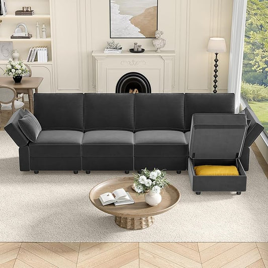 Vesgantti Sectional Couches with Storage Seats, 118" L Shaped Convertible Modular Sectional Sofa, 4 Seat & 1 Ottoman Velvet Storage Chaises Deep Seat Couch for Living Room, Bedroom, Apartment, Gray