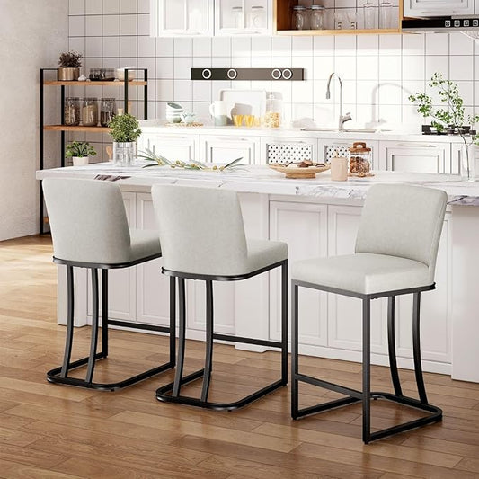 Sophia & William Light Grey Bar Stools Set of 3, Counter Height 24“ Bar Stools with Back for Kitchen Island, Modern Faux Leather Bar Chair