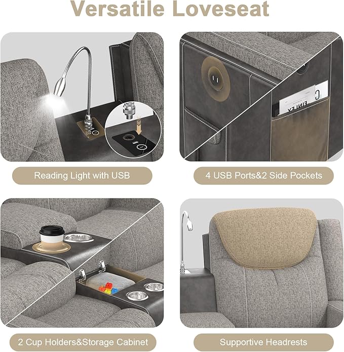 Loveseat Recliner, Manual Reclining Loveseat Sofa with Reading Light, Chic Blend Style Sofa, Storage Console, Cup Holders, USB Ports, Fabric & PU Leather, Recliner Couch for Living Room/RV