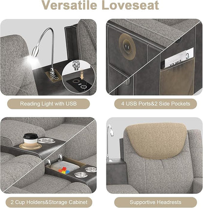 Loveseat Recliner, Manual Reclining Loveseat Sofa with Reading Light, Chic Blend Style Sofa, Storage Console, Cup Holders, USB Ports, Fabric & PU Leather, Recliner Couch for Living Room/RV