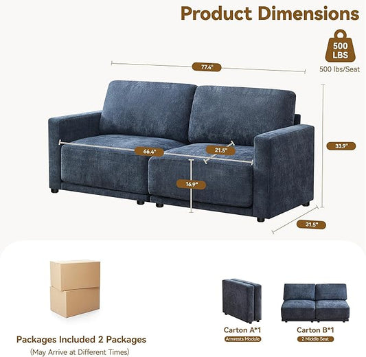 77.4" Chenille Modular Loveseat Oversized Upholstered 2 Seater Sectional Sofa with Thickened Cushions, Easy Assembly, Modern Comfy Love Seat Couch for Living Room, Blue