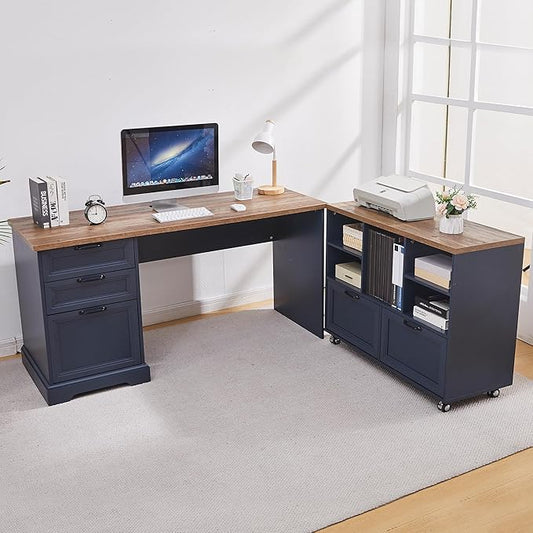 60" L-Shaped Executive Desk with 40" File Cabinet,Farmhouse Home Office Desk with Charging Station,Wood Computer Desk Set for Office Work,Home Study (Blue)