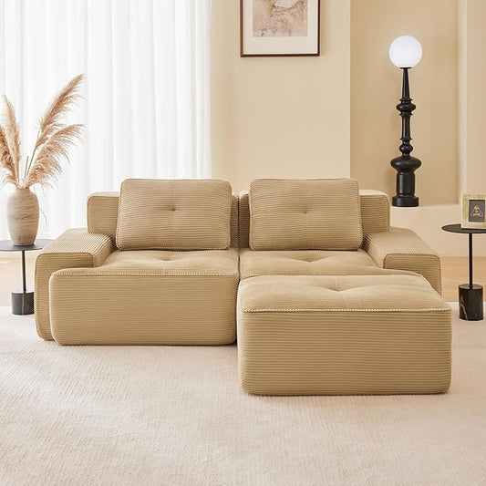 80.3” Camel Boneless Couches for Living Room, Modular Sectional Sofa with L-Shape Chaise, 2 Seater Comfy Upholstered Loveseat Deep Seat Corduroy Fabric Cloud Couch No Assembly, Anti-Slip Design