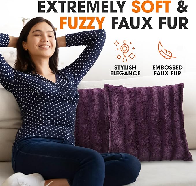 Cheer Collection Faux Fur Throw Pillows - Decorative Pillows for Couch, Bed Throw Pillows, Purple Accent Pillows for Bedroom or Living Room Aesthetic, Set of 2 Furry Throw Pillows, 24" x 24"