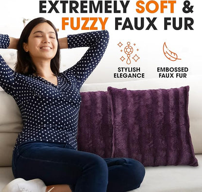 Cheer Collection Faux Fur Throw Pillows - Decorative Pillows for Couch, Bed Throw Pillows, Purple Accent Pillows for Bedroom or Living Room Aesthetic, Set of 2 Furry Throw Pillows, 26" x 26"