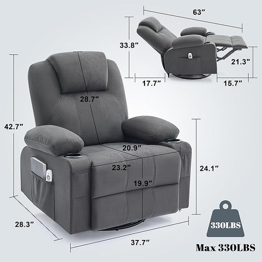 Oversized Swivel Rocker Recliner Chair with Heat and Massage, Large Big Recliner Chair for Living Room, 360 Degree Swivel Rocking Single Sofa with Cup Holders and USB Port(Fabric, Dark Grey)