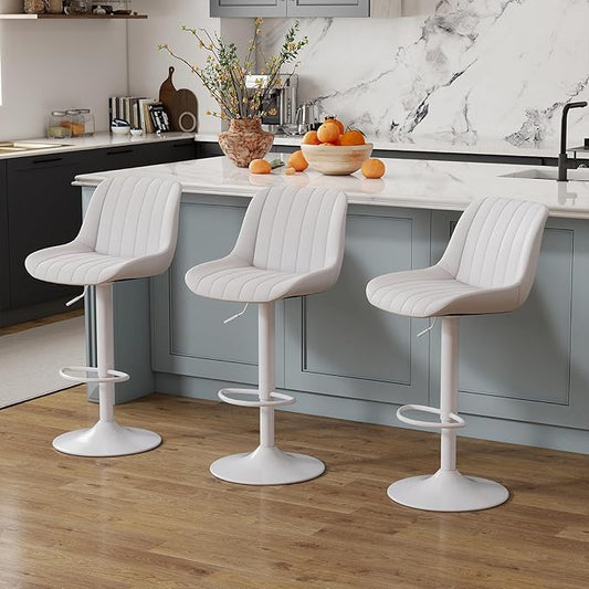 Youhauchair Bar Stools Set of 3, Swivel Counter Height Barstools with Back, Adjustable PU Leather Bar Chairs, Modern Armless Kitchen Island Stool, White