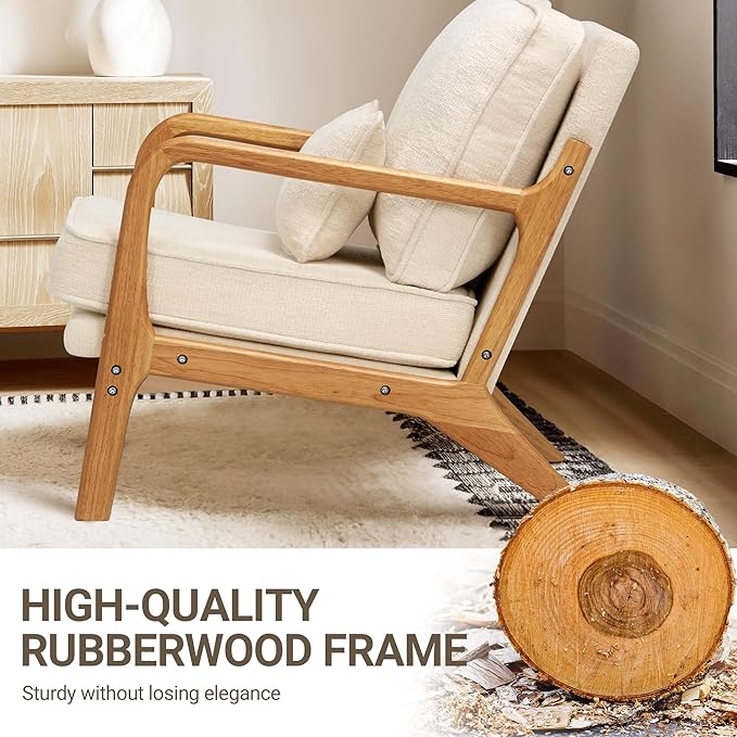 Modern Accent Chair with Lumbar Pillow, Relaxing Mid Century Chair Armchair with Solid Wood Frame & Soft Cushion, Reading Leisure Armchair for Living Room, Beige