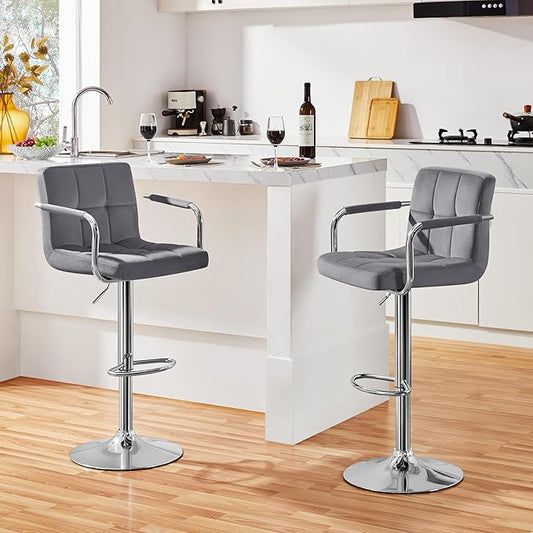 Yaheetech Velvet Bar Stools Set of 4, Adjustable Barstools with Armrest, Counter Height Stool Chairs with Thickened Seat Cushion for Kitchen Island, Dark Grey