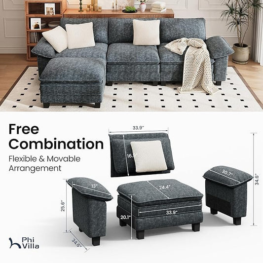 PHI VILLA Cloud Modular Couch Sets, 123.6" Sectional Sofa with L-Shaped Chaise, 4-Seater Upholstered Couches with Movable Ottoman for Living Room, Chenille Fabric, Dark Cyan