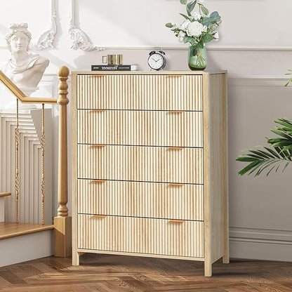 5 Drawer Double Dresser for Bedroom, Modern Wide Chest of Drawers with Fluted Panel Design,Wood Storage Dressers Chest of Drawers for Bedroom Living Room Hallway Closet,Natural,2 Sets