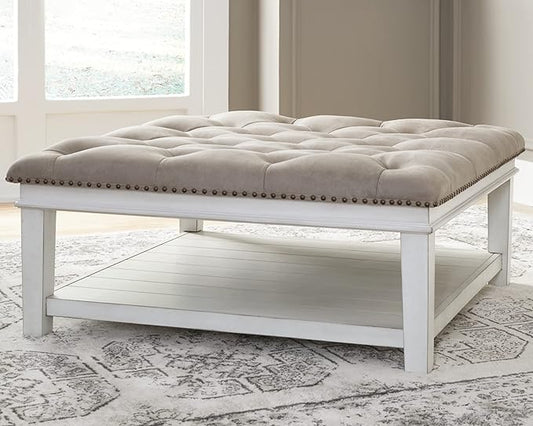 Signature Design by Ashley Kanwyn French Country Upholstered Square Ottoman Coffee Table, Whitewash