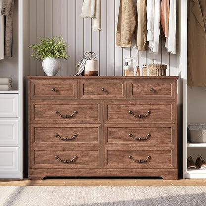 DICTAC Farmhouse 9 Drawers Dresser for Bedroom, Wide Dressers Chest of Drawers, Large Storage Closet Organizer with Natural Texture and Vintage Metal Handle, Wooden Dresser TV Stand for Living Room