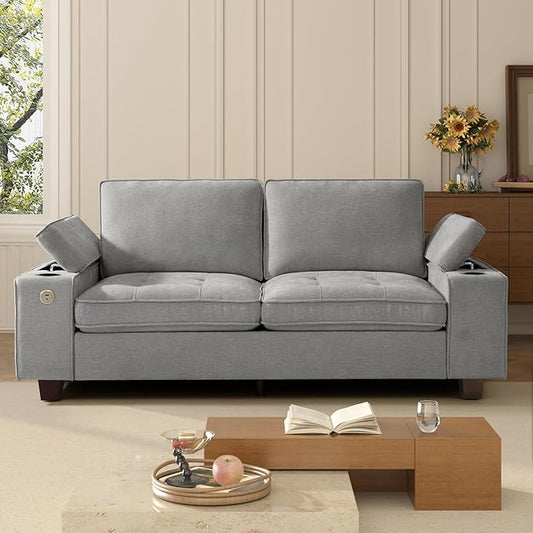 84" Loveseat Couch for Living Room,Modern Chenille Upholstered Sofa with Adjustable Storage Armrest,Cup Holders,USB & Type-C Ports,Solid Wood 2-Seater Loveseat Sofa for Apartment(Gray)