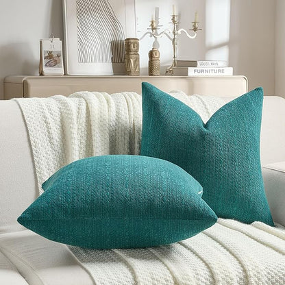 FUTEI Teal Chenille Throw Pillow Covers 22x22 Inch Set of 2,Soft Striped & Diamond Textured Cushion Cases,Modern Home Decor for Couch Living Room