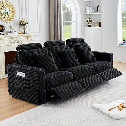 ORRD Power Reclining Sectional Sofa, Electric 3 Seat Recliner with 3 Electric Footrest and Adjustable Headrest, Modern Plush Corduroy Fluffy Reclining Sectional with Deep Seat for Living Room-Black