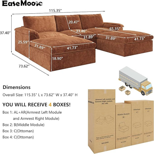 EASE MOOSE Oversized Cloud Couch Sectional Sofa, U-Shaped Modular Couch for Living Room, Minimalist Boneless Convertible Couches with Ottoman, 5-Seat Deep Sofas for Bedroom, Chenille (Brown)