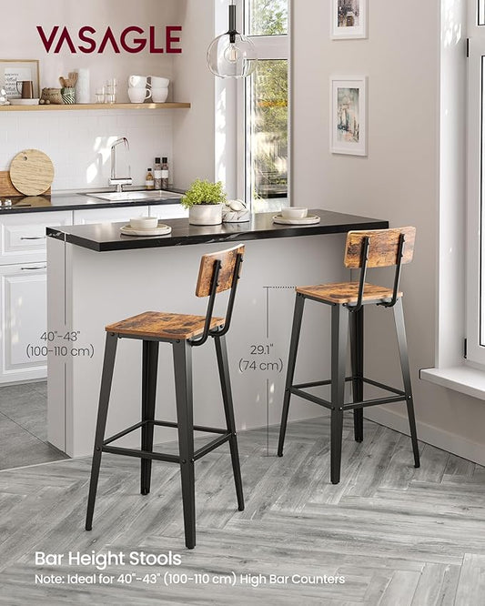 VASAGLE Set of 4 Bar Stools, Bar Height Stools, 29.1 Inches Tall Barstools with Back, Counter Bar Chairs for Kitchen Island, Steel Frame, Industrial Style, Easy Assembly, Rustic Brown and Ink Black