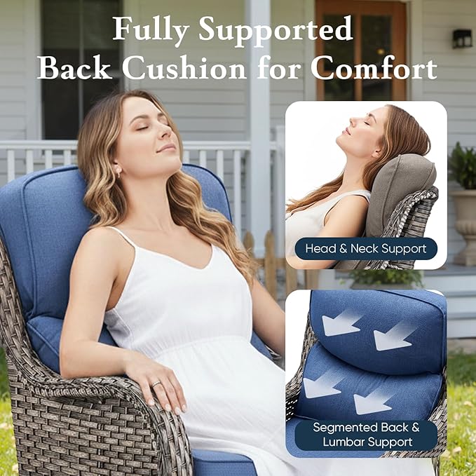 Belord Luxury 6" Thick Cushioned Outdoor Swivel Rocker Patio Chairs with Side Table, 3 Pieces High Back Wicker Furniture Set with Ergonomic Back, Conversation Gliders Set for Deck Porch - Grey+Blue