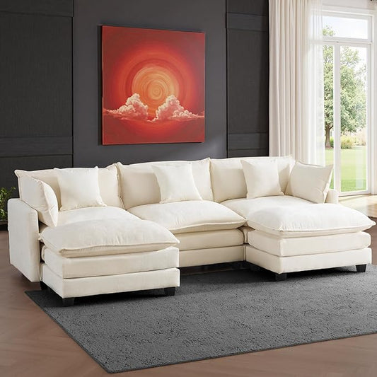 Expandable Modular Sectional Sofa with Ottoman, 111.4" Cloud Chenille U-Shape Couch, Reversible Chaise & 2nd Ottoman for Large Spaces, Deep Seat, Solid Wood Frame