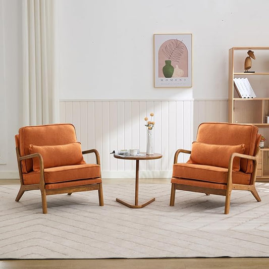 Mid-Century Accent Chair Set of 2,Linen Fabric Lounge Chair with Wide Armrest,Linen Fabric Armchair withLumbar Pillow & Solid Wood Frame for Living Room, Bedroom, Balcony(Orange)