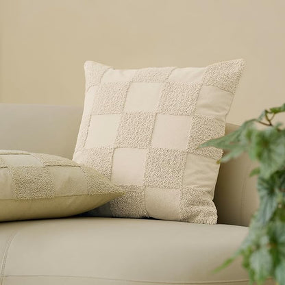 Double Stitch Checkered Throw Pillow Covers - 100% Cotton Set of 2 Tufted Boho Decorative Pillow Covers 20x20, Made in India, Square Cushion Case, Modern Home Decor for Couch, Sofa, Living Room, Beige