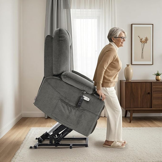 MCombo Oversized Power Lift Recliner Chair Sofa with Massage and Heat for Elderly People Petite, USB Ports, Side Pockets, Fabric R7561 (Grey, Small-Oversize)