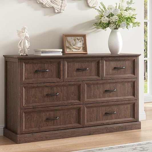 Farmhouse 7 Drawer Dresser for Bedroom, 55 Inch Wide Modern Brown Dresser TV Stand with Large Drawers & Bar Handles, Rustic Wood Chest of Drawers for Bedroom