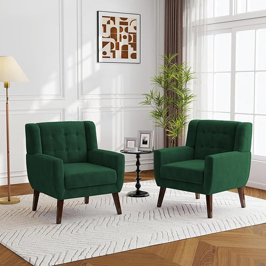 Lumibee Accent Chairs Set of 2, Velevet Fabric Armchairs for Living Room, Comfy Upholstered Arm Chairs Tufted for Indoor Bedroom Office Room (Retro Green Velvet)