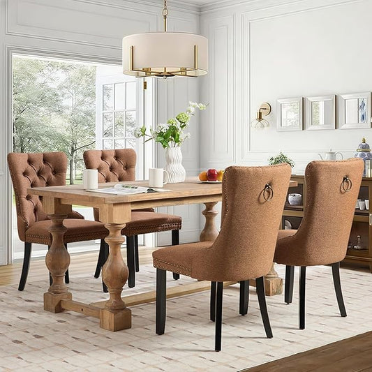 Linen Upholstered Dining Chairs Set of 4, Modern Style Kitchen Side Chairs with Nailhead Trim and Wood Leg, Metal Pulling Ring for Dining Room Living Room(Coffee,Set of 4)