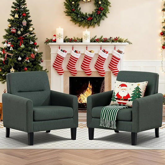 Accent Chairs Set of 2, Mid Century Modern Living Room Chairs Comfy Reading Chair with Upholstered Cushion Relax Armchair for Bedroom Apartment,Office, Green
