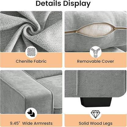 RISAR 88.58" Modern Sofa for Living Room, Chenille Couch with Removable Cover & Spring Cushions, Solid Wood Frame, Easy Assembly for Small Spaces (Light Gray)